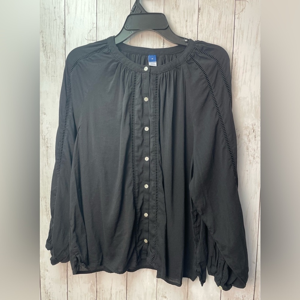 Old Navy Black Cuffed Sleeve Blouse with Bib Collar